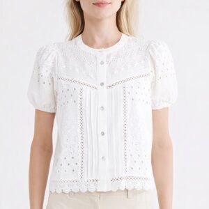 Industry Embroidered Eyelet Puff Sleeve Button-Up Shirt in White